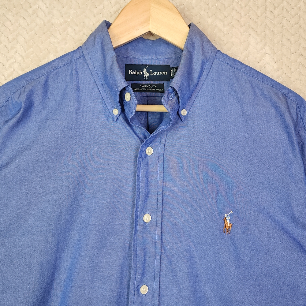 Ralph Lauren Yarmouth Blue Long Sleeve Button Down Shirt Flesh Pony Mens 15 1/2